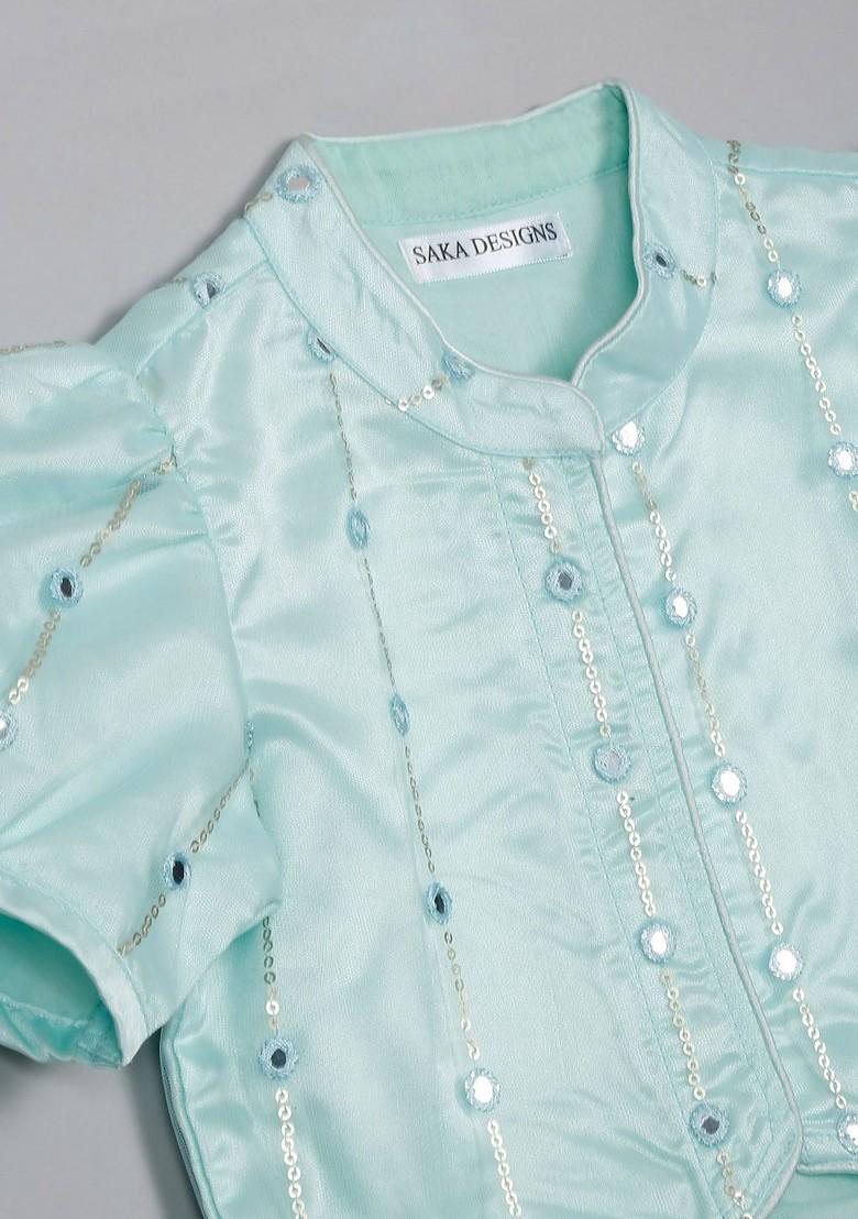 Girls Embellished Mirror Work Net Ready To Wear Lehenga And Blouse With Dupatta