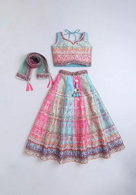 Girls Ethnic Motifs Printed Sequinned Sweetheart Neck Lehenga And Blouse With Dupatta