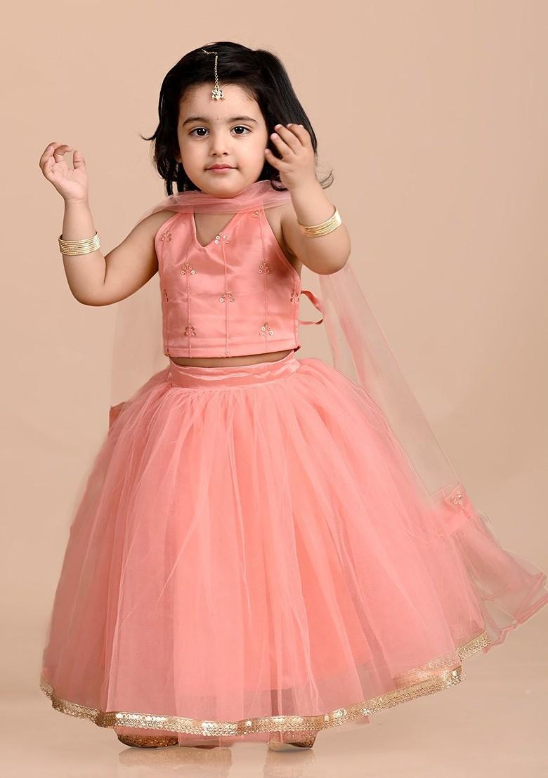 Girls Embroidered Net Thread Work Ready To Wear Lehenga And Blouse With Dupatta