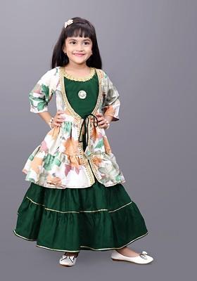 Girls Solid Ready To Wear Cotton Lehenga Choli And Printed Shrug