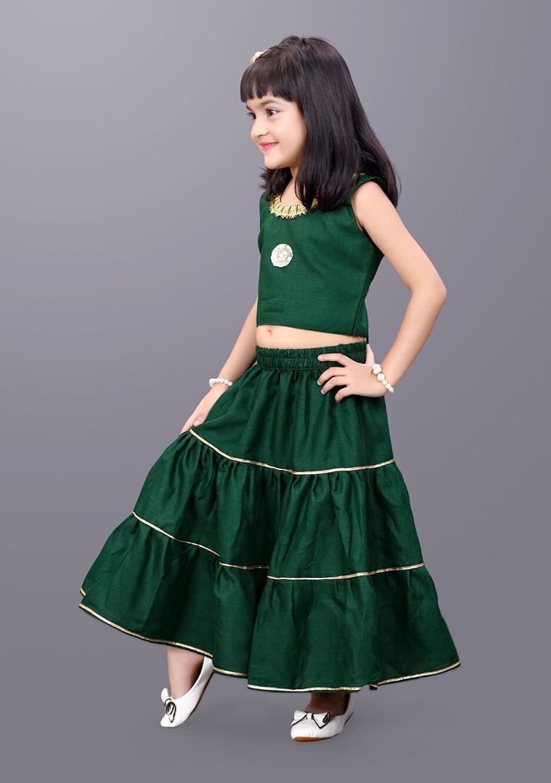 Girls Solid Ready To Wear Cotton Lehenga Choli And Printed Shrug