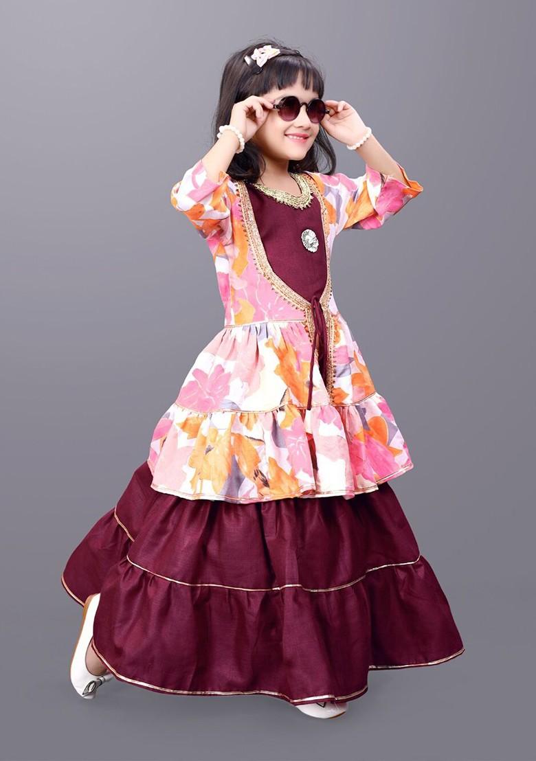 Girls Solid Ready To Wear Cotton Lehenga Choli And Printed Shrug