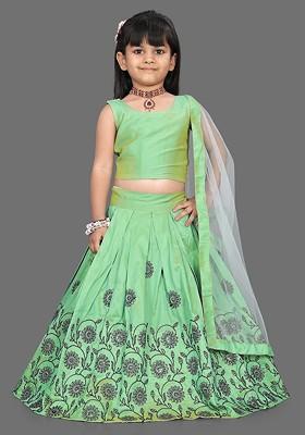 Girls Floral Embroidered Sequinned Ready To Wear Lehenga And Blouse With Dupatta