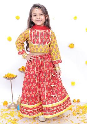 Girls Printed Ready To Wear Pure Cotton Lehenga And Blouse With Dupatta