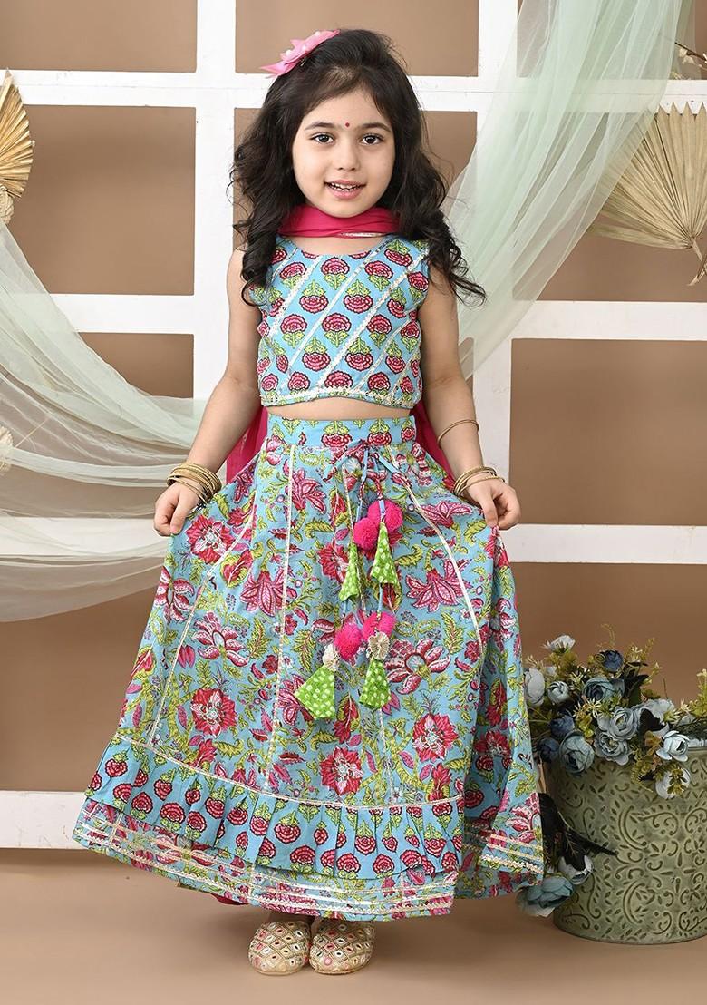 Girls Floral Printed Cotton Ready To Wear Lehenga And Blouse With Dupatta