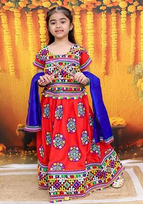 Girls Embroidered Mirror Work Ready To Wear Lehenga And Blouse With Dupatta
