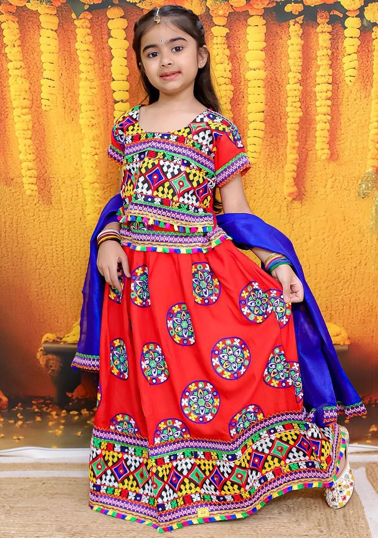 Girls Embroidered Mirror Work Ready To Wear Lehenga And Blouse With Dupatta