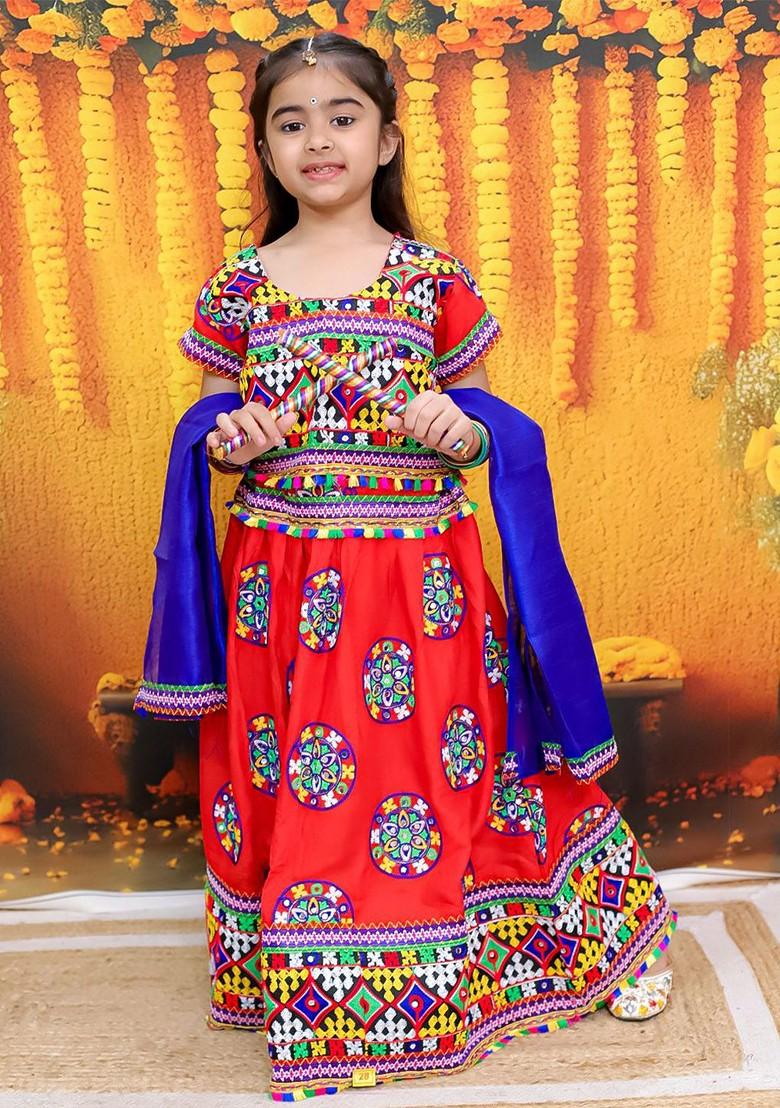 Girls Embroidered Mirror Work Ready To Wear Lehenga And Blouse With Dupatta