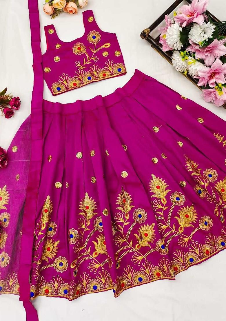 Girls Embroidered Sequinned Ready To Wear Lehenga And Blouse With Dupatta