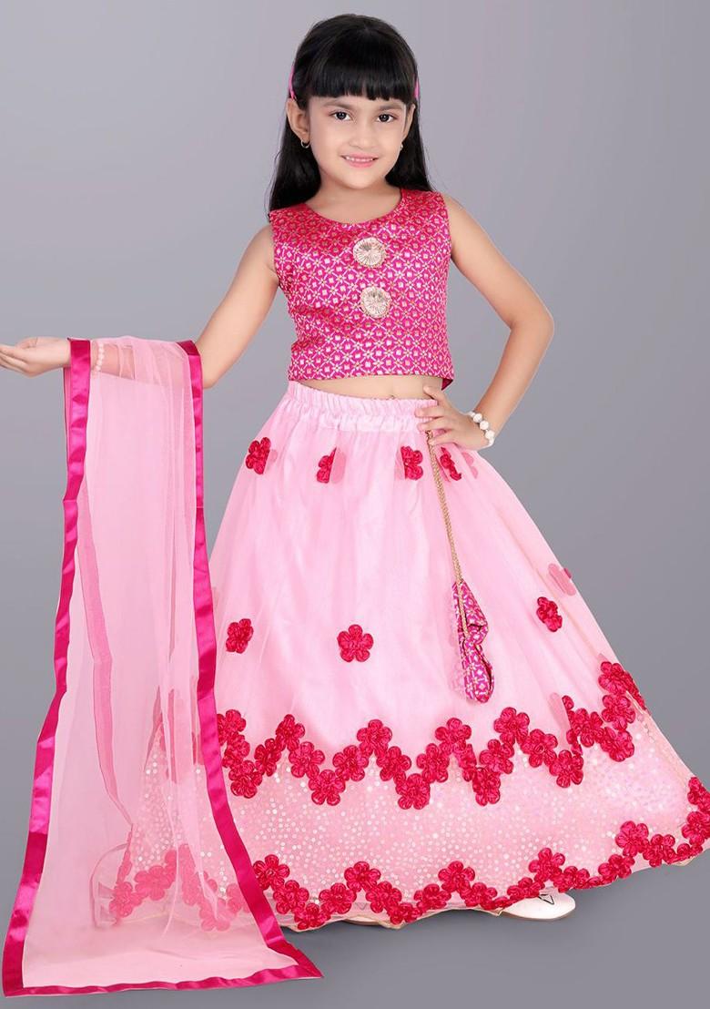 Girls Embroidered Sequinned Ready To Wear Lehenga And Blouse With Dupatta