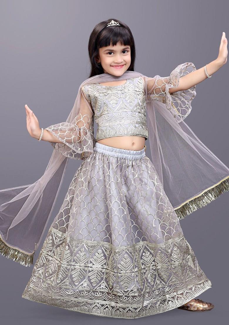 Girls Embroidered Bell Sleeves Ready To Wear Lehenga And Blouse With Dupatta