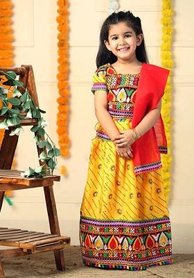 Girls Embroidered Mirror Work Cotton Ready To Wear Lehenga And Blouse With Dupatta