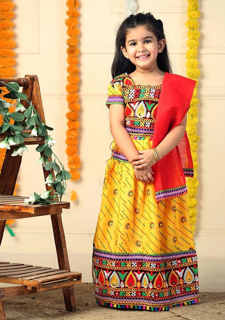 Girls Embroidered Mirror Work Cotton Ready To Wear Lehenga And Blouse With Dupatta