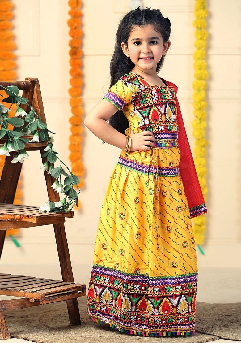Girls Embroidered Mirror Work Cotton Ready To Wear Lehenga And Blouse With Dupatta