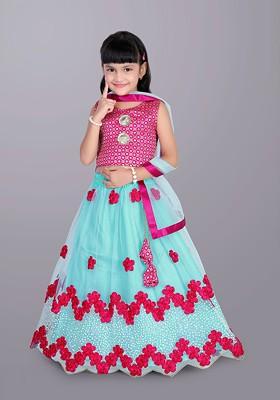 Girls Embroidered Sequinned Ready To Wear Lehenga And Blouse With Dupatta