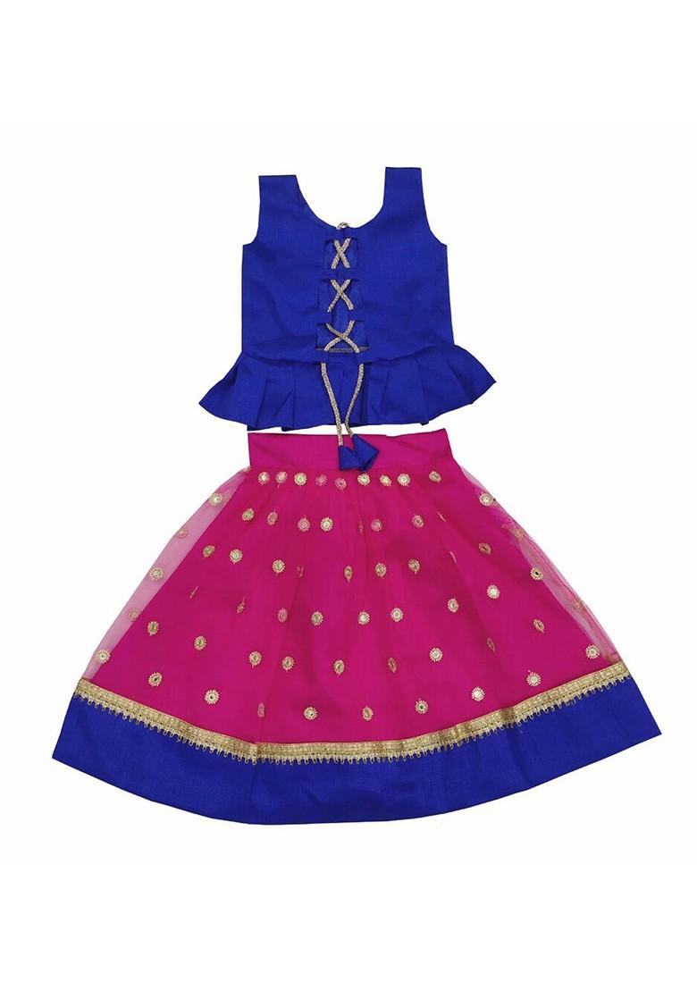 Girls Mirror Work Embroidered Ready To Wear Lehenga And Blouse With Dupatta