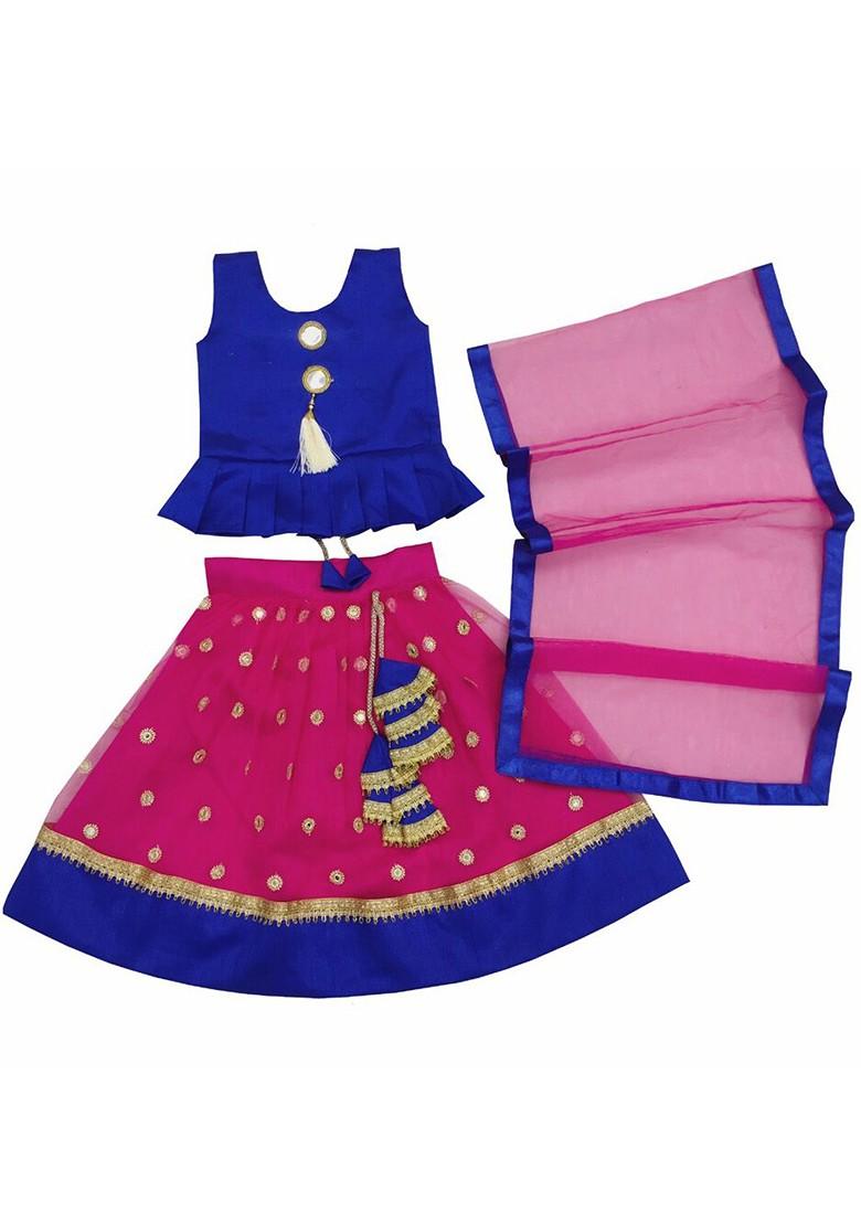 Girls Mirror Work Embroidered Ready To Wear Lehenga And Blouse With Dupatta