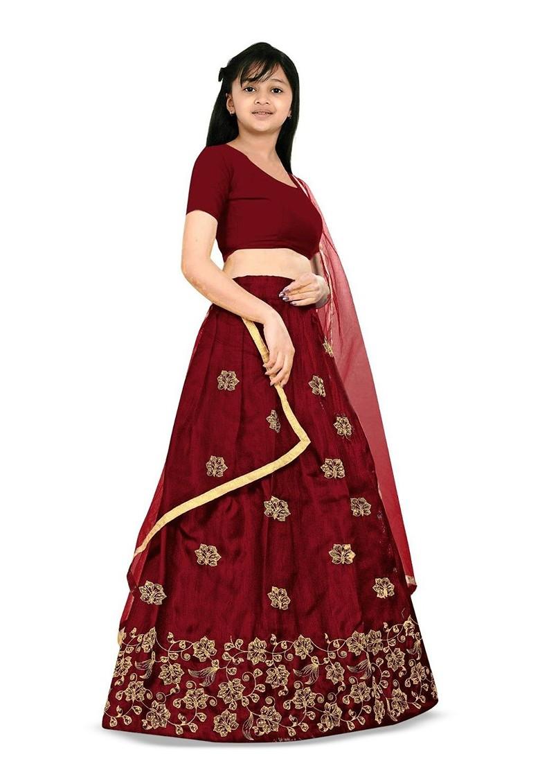 Girls Embroidered Sequinned Ready To Wear Lehenga And Blouse With Dupatta