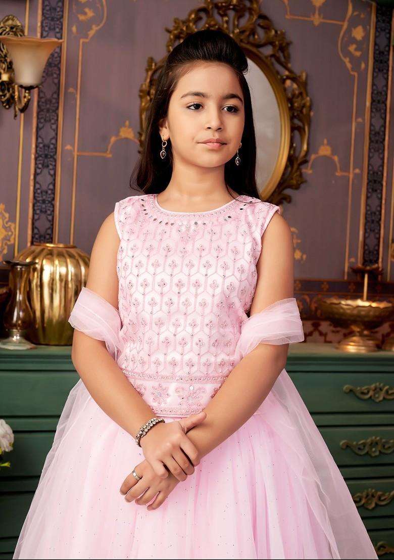 Pink Embroidered Net Lehenga Choli For Girls - Indya