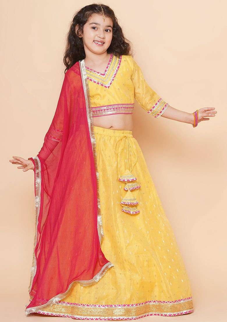Yellow Embroidered Blended Lehenga Choli For Girls - Indya