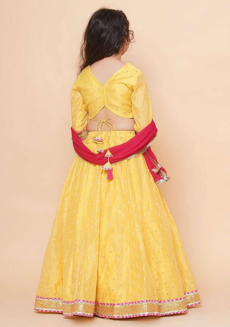 Yellow Embroidered Blended Lehenga Choli For Girls - Indya
