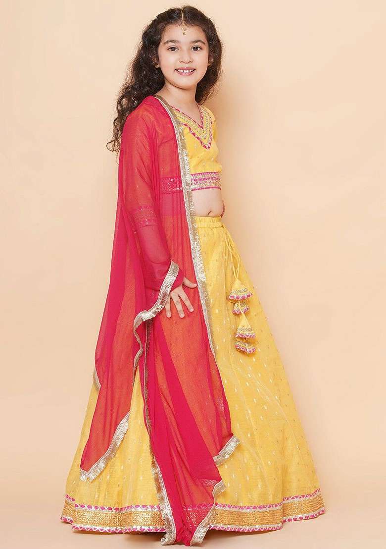 Yellow Embroidered Blended Lehenga Choli For Girls - Indya