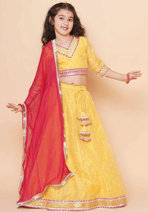 Yellow Embroidered Blended Lehenga Choli For Girls