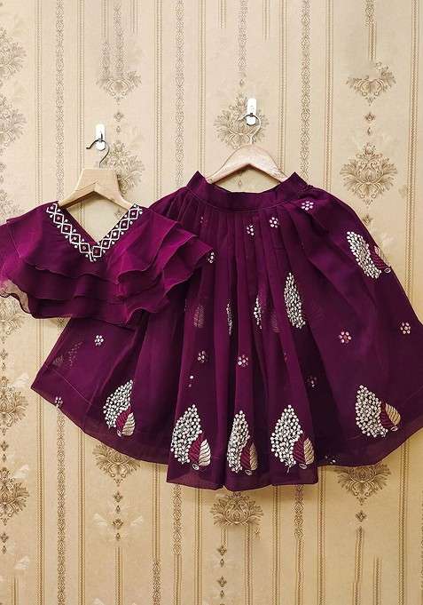 Purple Embellished Blended Lehenga Choli For Girls