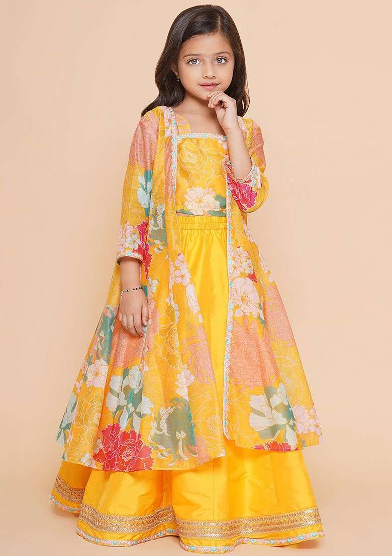 Yellow Printed Blended Lehenga Choli For Girls - Indya