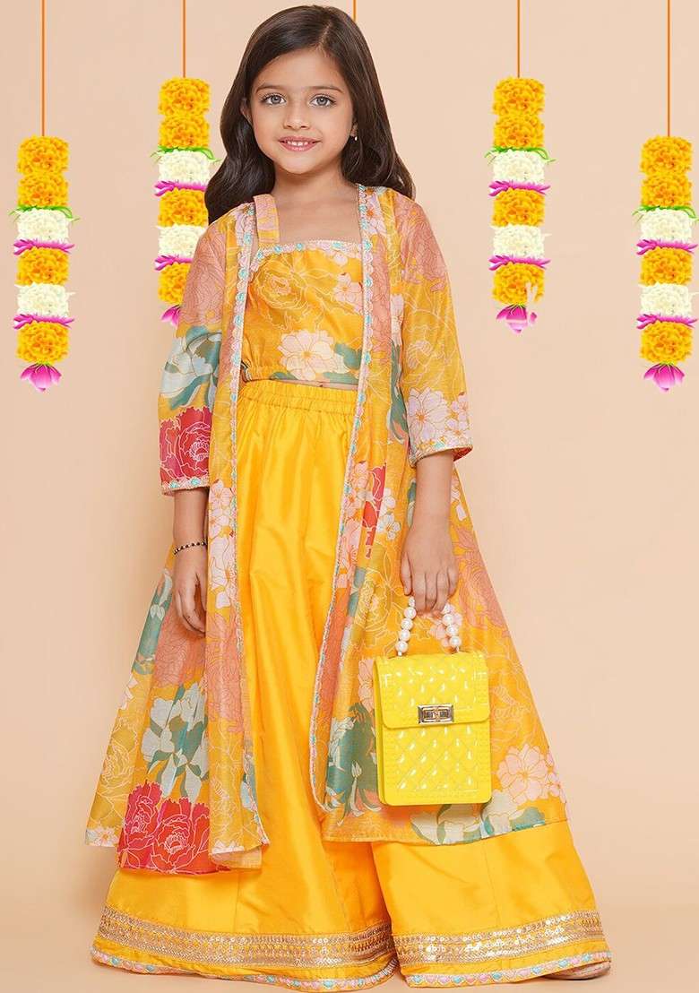 Yellow Printed Blended Lehenga Choli For Girls - Indya