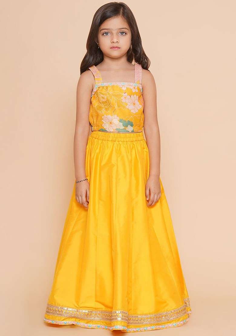 Yellow Printed Blended Lehenga Choli For Girls - Indya