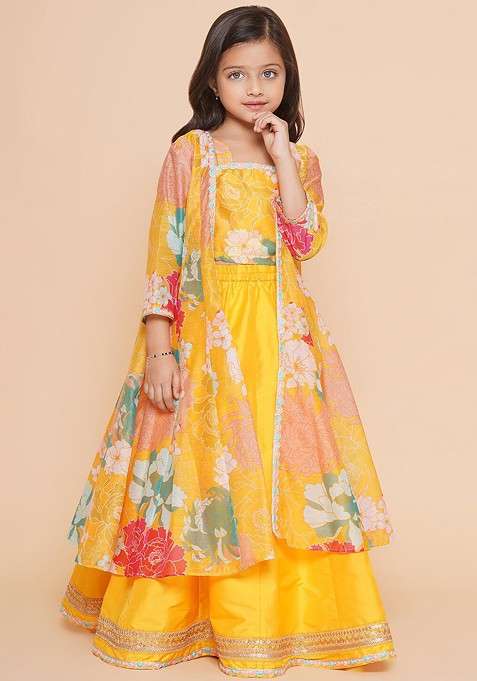 Yellow Printed Blended Lehenga Choli For Girls
