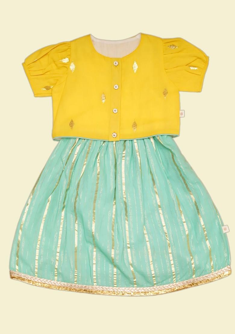 Yellow Geometric Cotton Blend Lehenga Choli For Girls - Indya