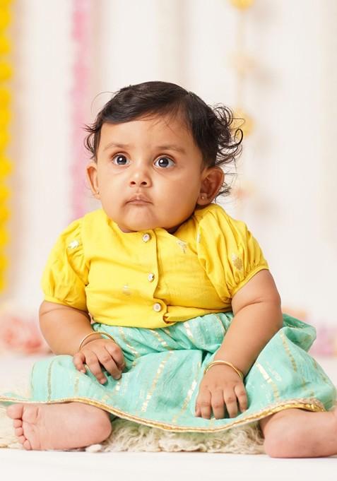 Yellow Geometric Cotton Blend Lehenga Choli For Girls — view on Indya