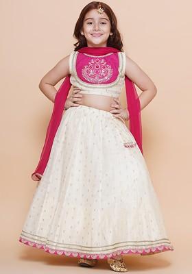 Off White Embroidered Blended Lehenga Choli For Girls