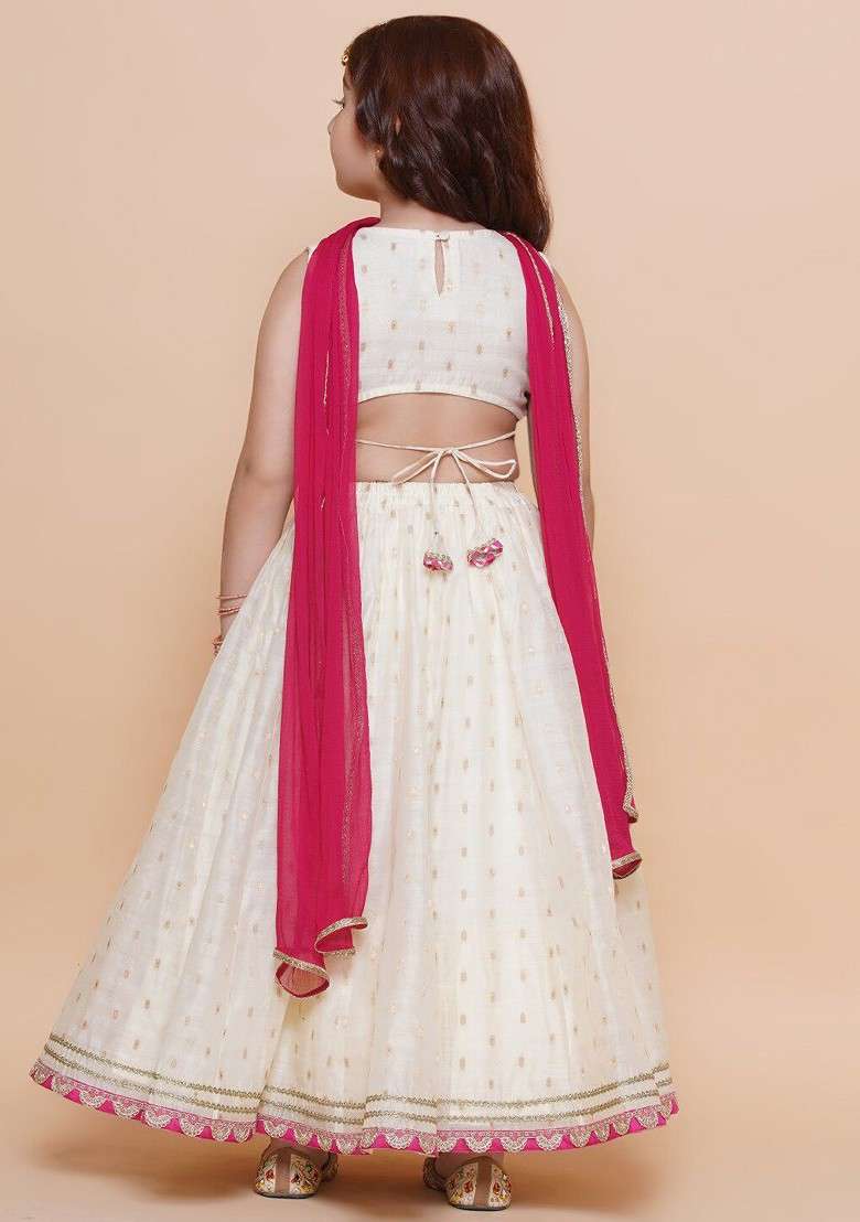 Off White Embroidered Blended Lehenga Choli For Girls - Indya