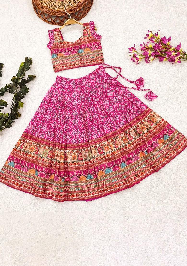 Pink Printed Blended Lehenga Choli For Girls - Indya