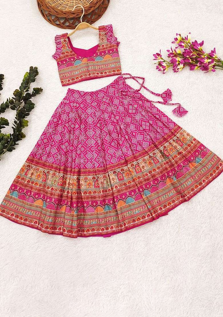 Pink Printed Blended Lehenga Choli For Girls - Indya