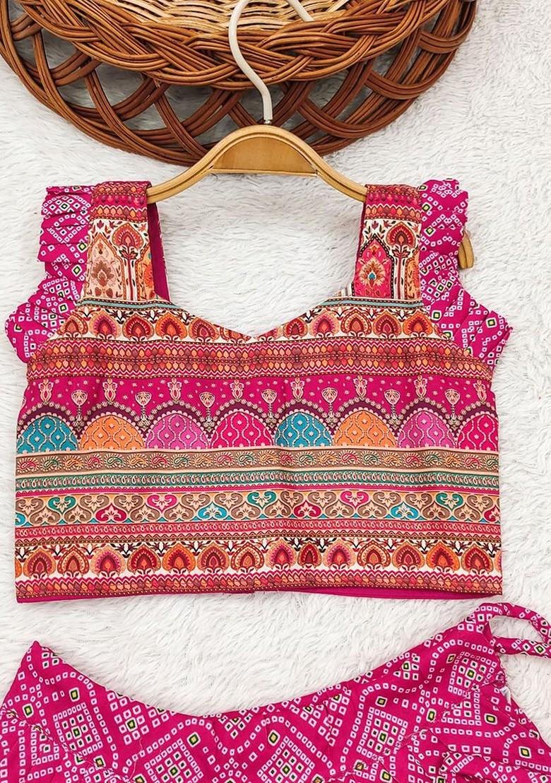Pink Printed Blended Lehenga Choli For Girls - Indya