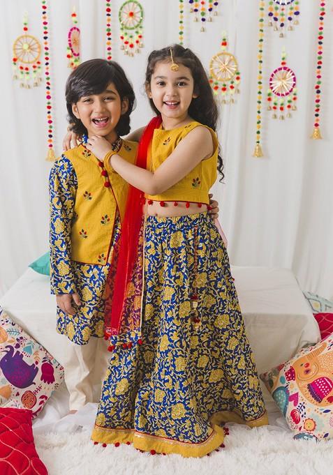 Navy Blue Embroidered Cotton Blend Lehenga Choli For Girls — view on Indya