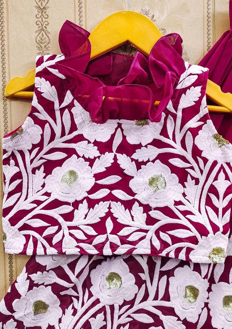Magenta Embroidered Georgette Lehenga Choli For Girls - Indya