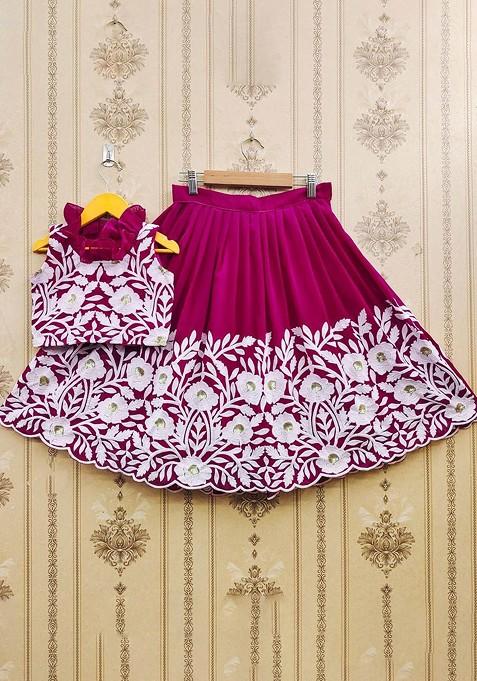 Magenta Embroidered Georgette Lehenga Choli For Girls