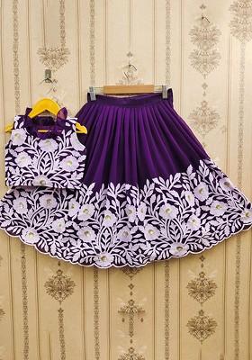 Lavender Embroidered Blended Lehenga Choli For Girls