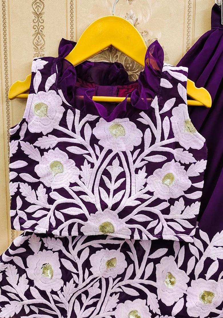 Lavender Embroidered Blended Lehenga Choli For Girls - Indya