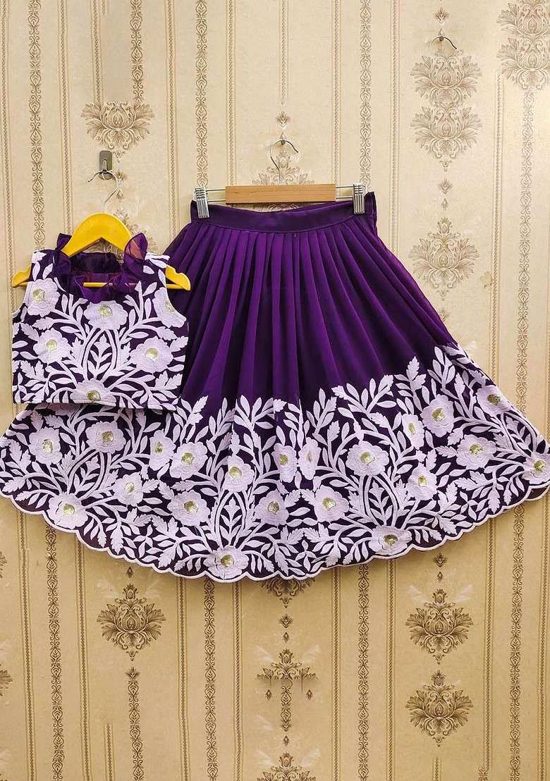 Lavender Embroidered Blended Lehenga Choli For Girls - Indya