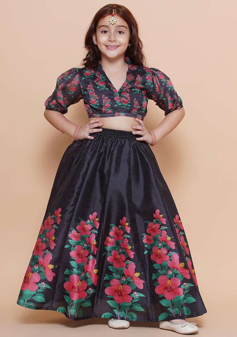 Black Printed Blended Lehenga Choli For Girls - Indya