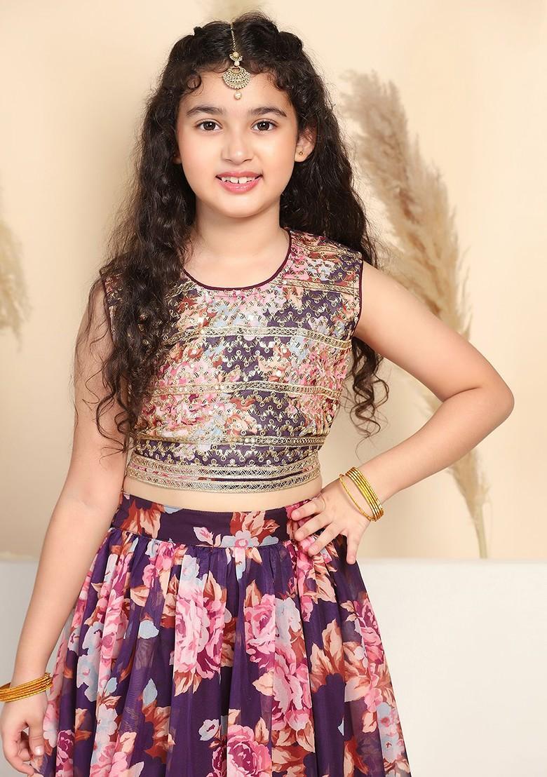 Violet Embroidered Blended Lehenga Choli For Girls - Indya