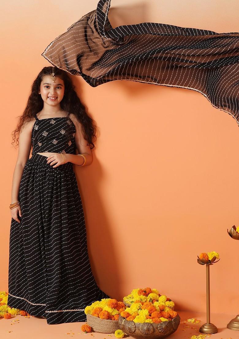Black Printed Blended Lehenga Choli For Girls - Indya