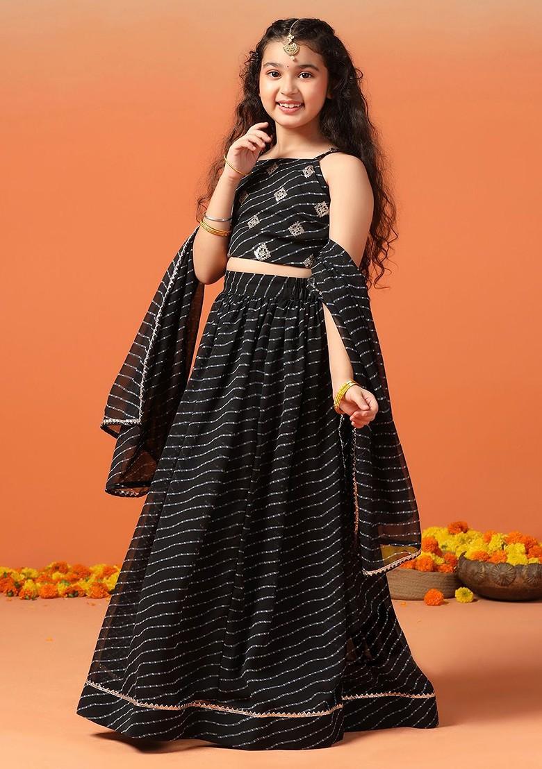 Black Printed Blended Lehenga Choli For Girls - Indya