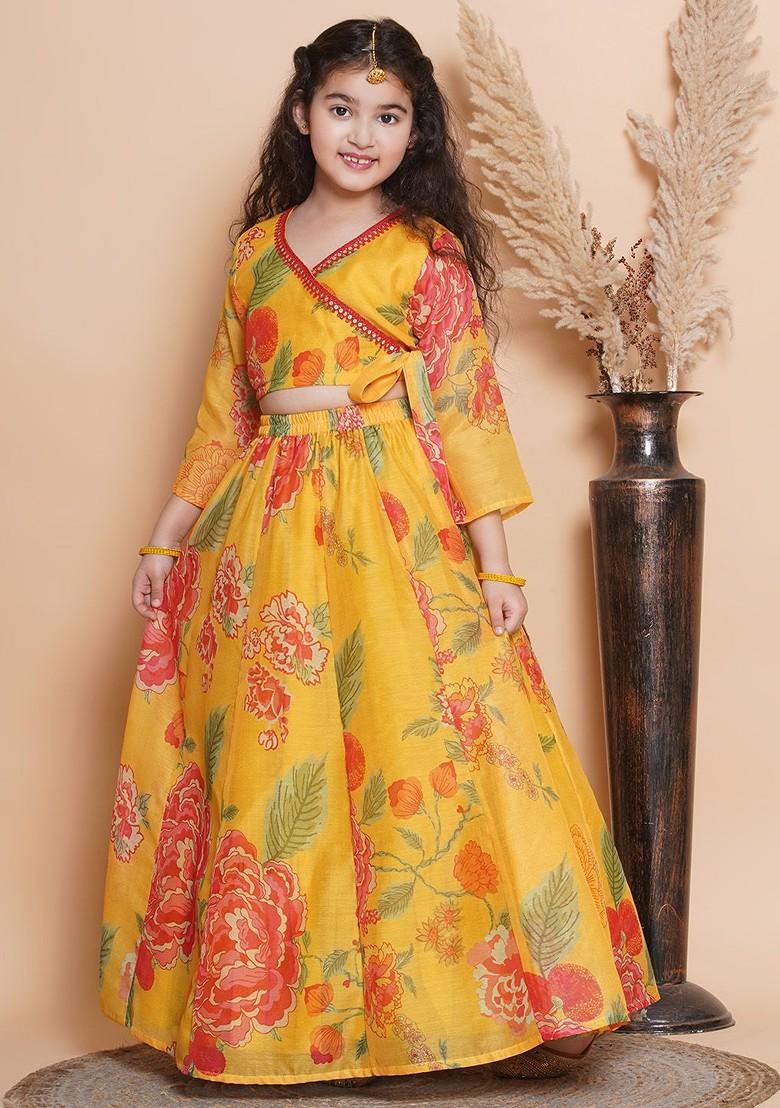 Yellow Printed Blended Lehenga Choli For Girls - Indya